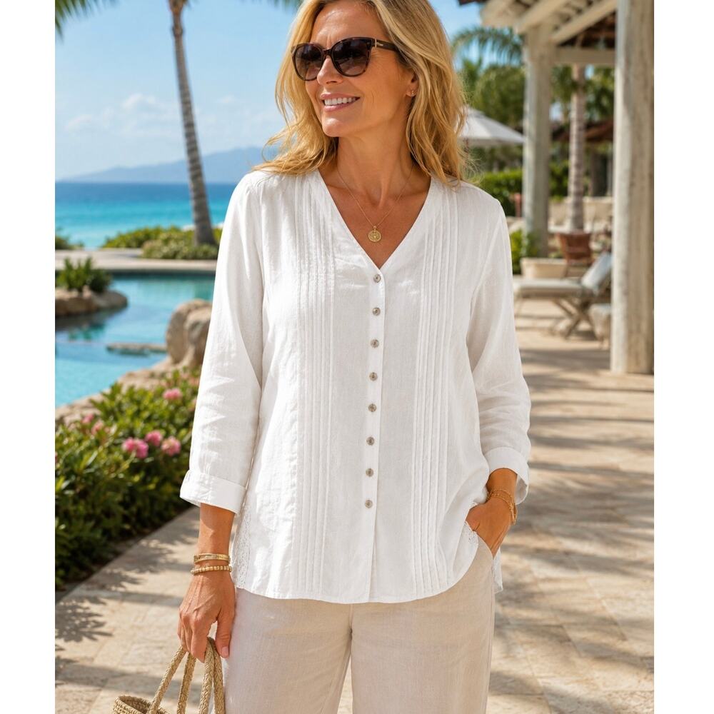 J.JILL Linen Button Front Pintucked Shirt Women's Size XS White Embellished